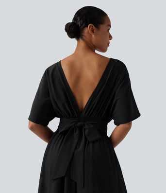 Round Neck Short Sleeve Tie Back Midi Casual Dress with Pockets
