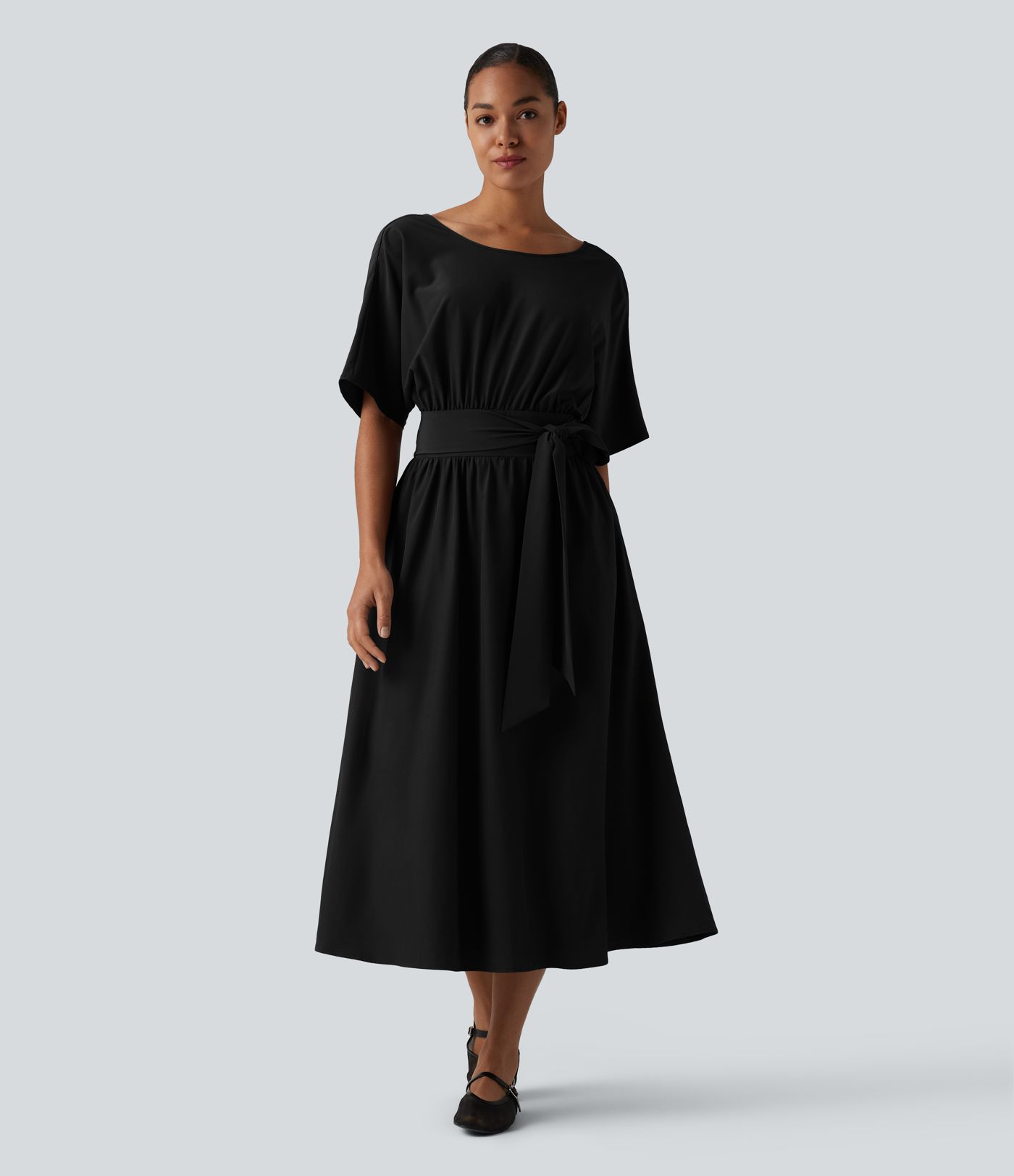 Round Neck Short Sleeve Tie Back Midi Casual Dress with Pockets
