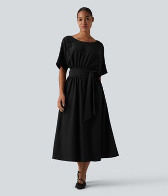 Round Neck Short Sleeve Tie Back Midi Casual Dress with Pockets