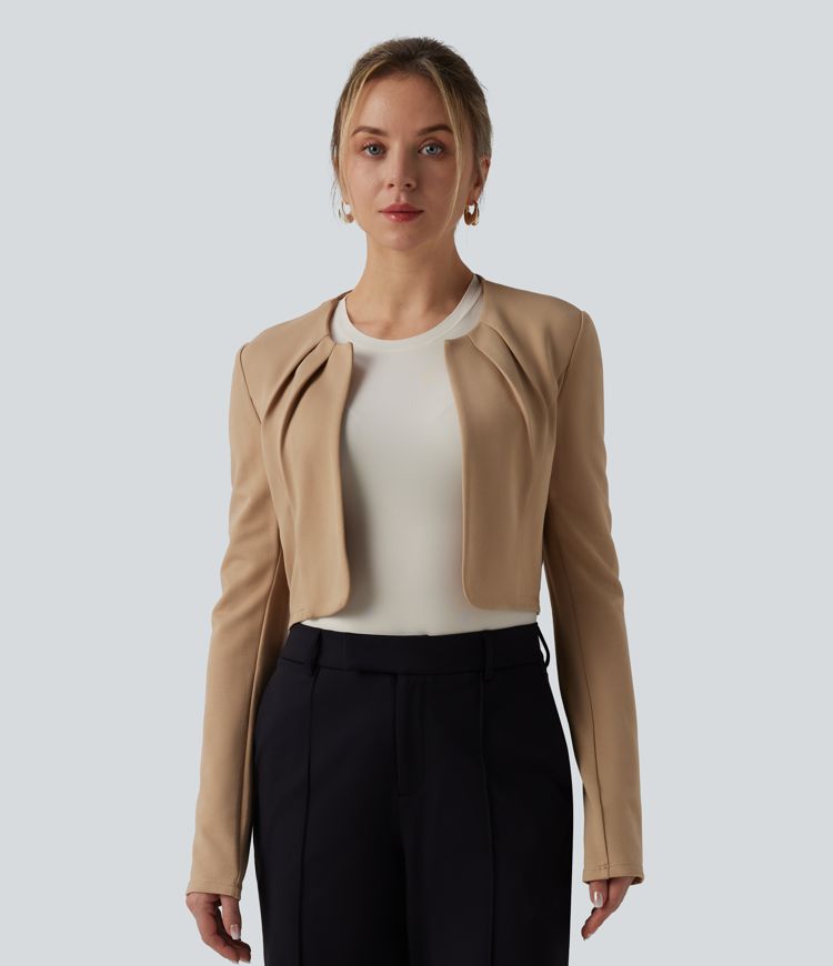 SculptKnit - Kurzer Arbeits-Blazer mit Rundhalsausschnitt, langen Ärmeln und offener Vorderseite