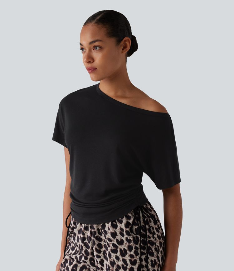 Lässiges One-Shoulder-Kurzarm-T-Shirt aus Wollmischung mit Kordelzug
