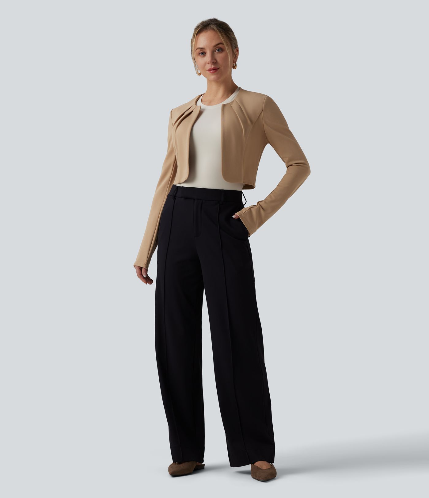 SculptKnit - Kurzer Arbeits-Blazer mit Rundhalsausschnitt, langen Ärmeln und offener Vorderseite