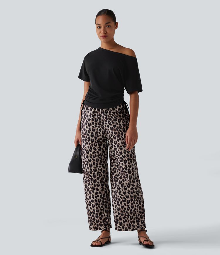 Lässiges One-Shoulder-Kurzarm-T-Shirt aus Wollmischung mit Kordelzug