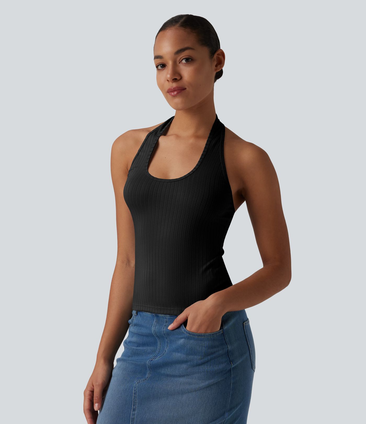 Ribbed Knit Halter Casual Tank Top