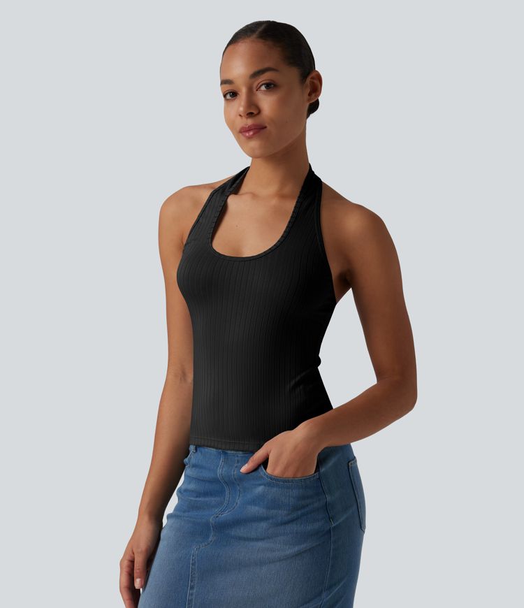 Ribbed Knit Halter Casual Tank Top