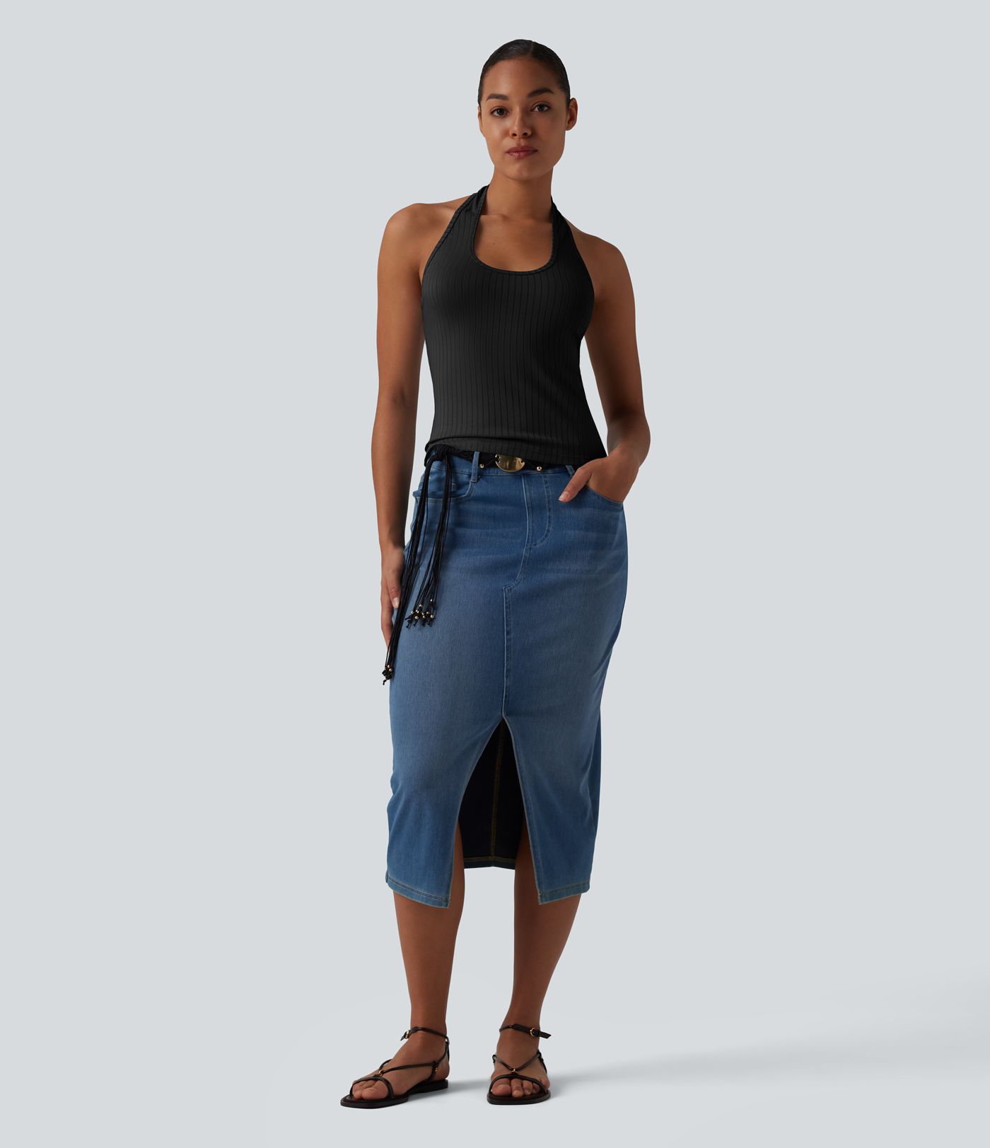 Ribbed Knit Halter Casual Tank Top