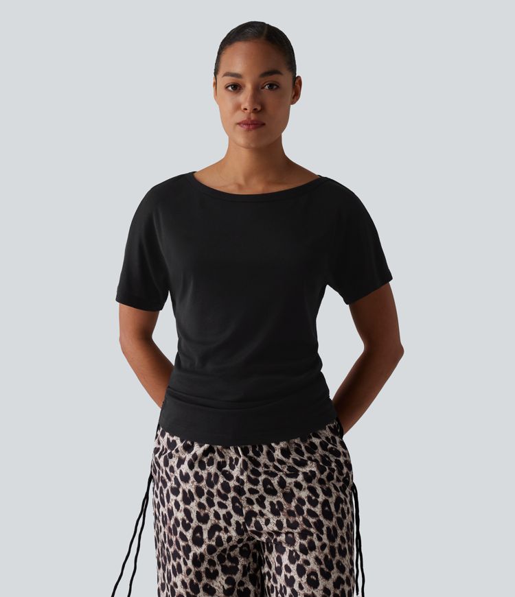 Lässiges One-Shoulder-Kurzarm-T-Shirt aus Wollmischung mit Kordelzug