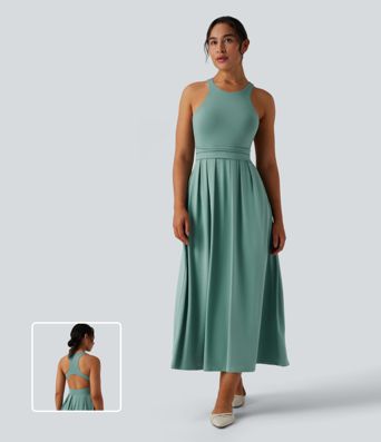 Robe midi décontractée col rond dos nageur avec poches