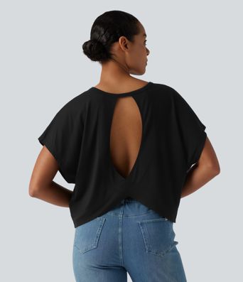 Round Neck Batwing Short Sleeve Casual T-Shirt