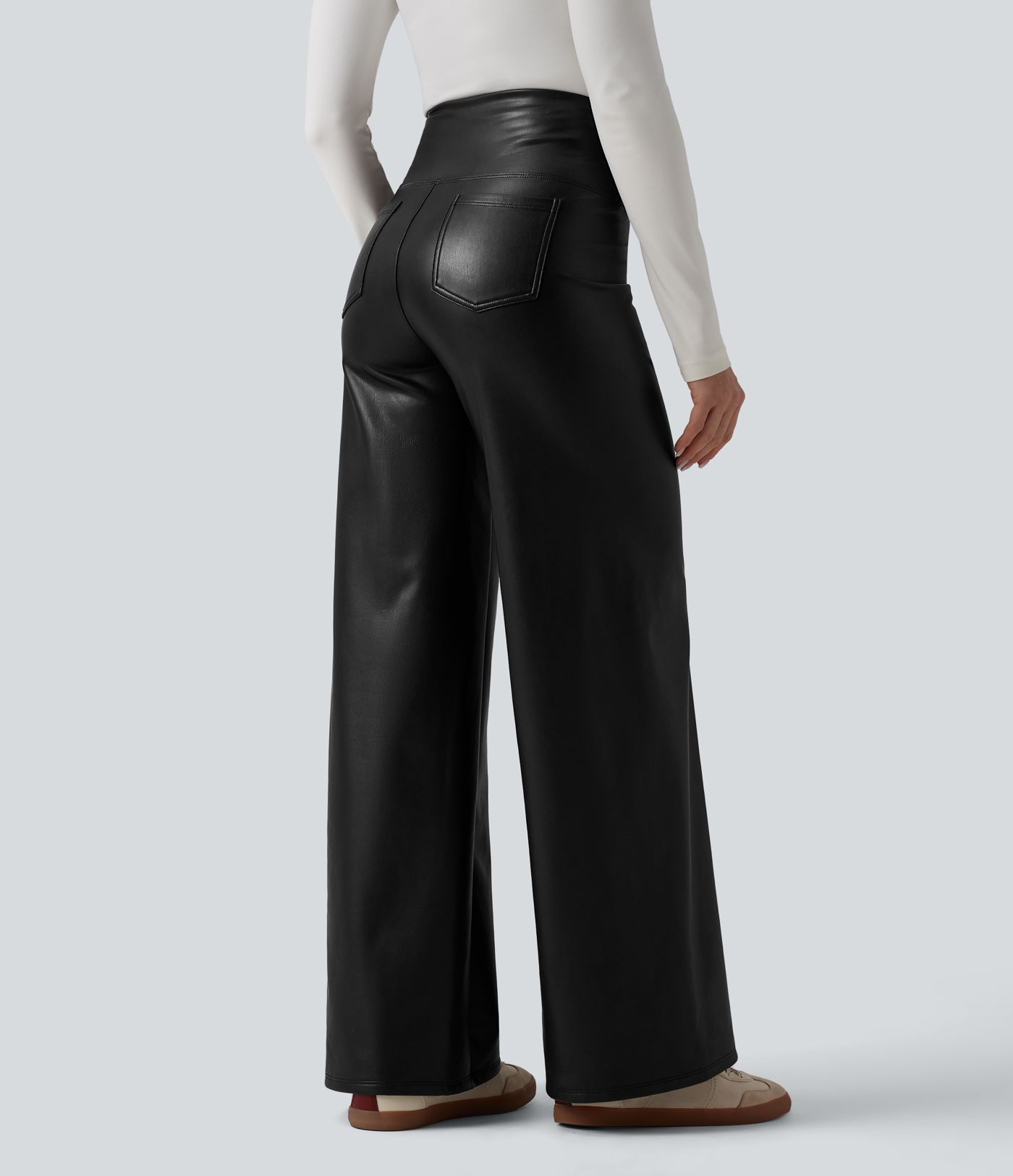 High Waisted Tummy Control Wide Leg Stretchy PU Fleece Casual Pants with Pockets