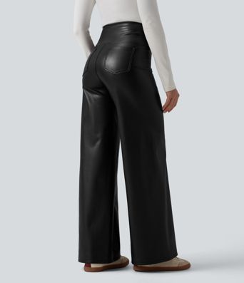 High Waisted Tummy Control Wide Leg Stretchy PU Fleece Casual Pants with Pockets