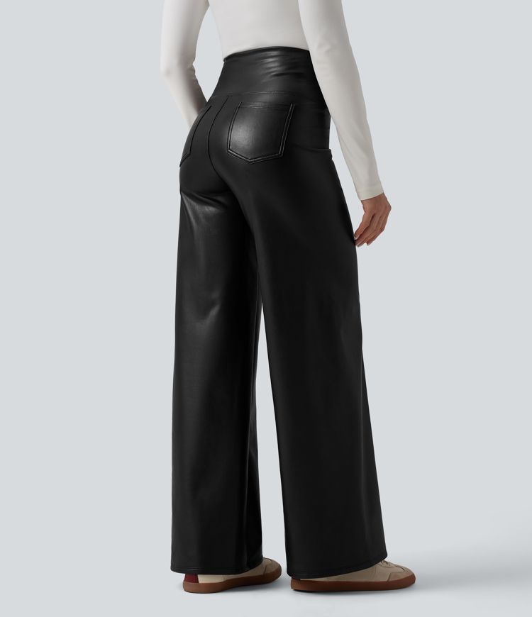 High Waisted Tummy Control Wide Leg Stretchy PU Fleece Casual Pants with Pockets