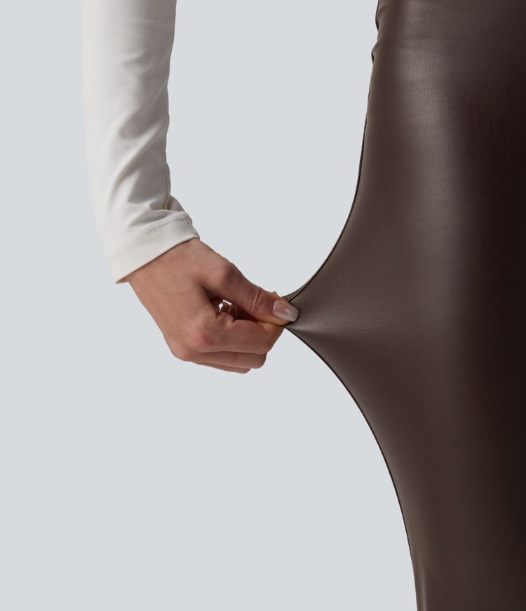 High Waisted Tummy Control Stretchy PU Fleece Flare Casual Trousers with Pockets