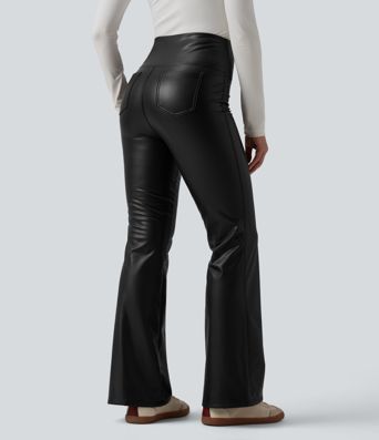 High Waisted Tummy Control Stretchy PU Fleece Flare Casual Pants with Pockets