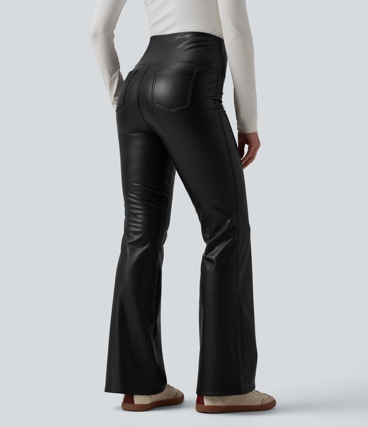 High Waisted Tummy Control Stretchy PU Fleece Flare Casual Pants with Pockets