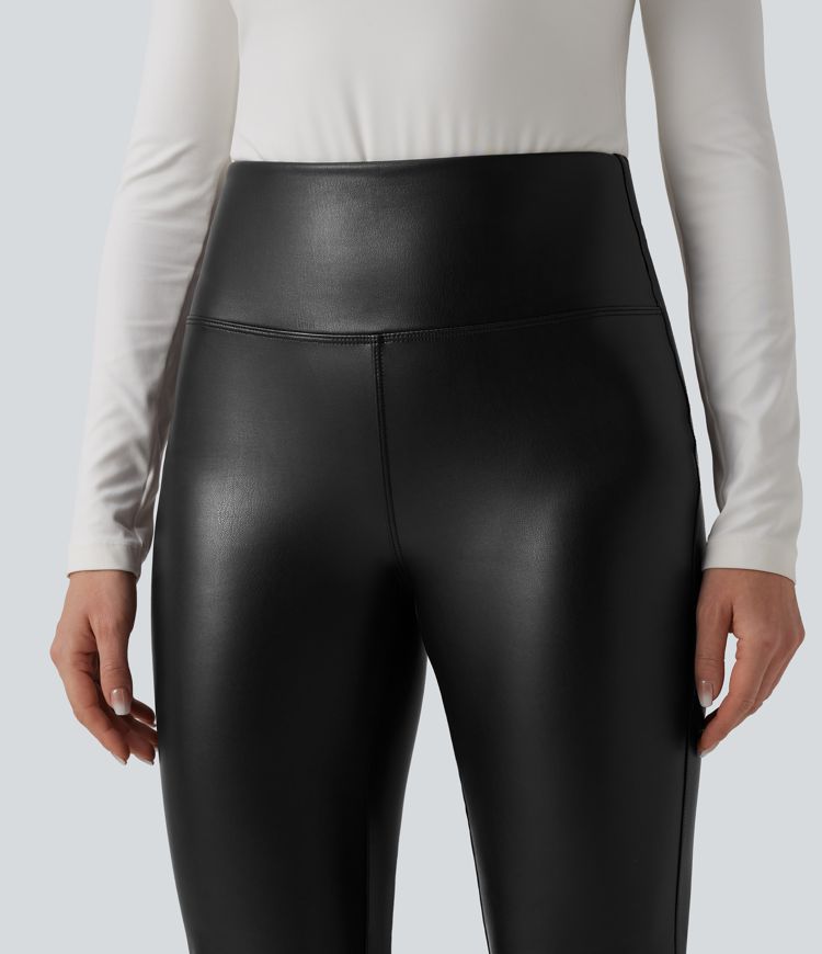 High Waisted Tummy Control Stretchy PU Fleece Flare Casual Pants with Pockets