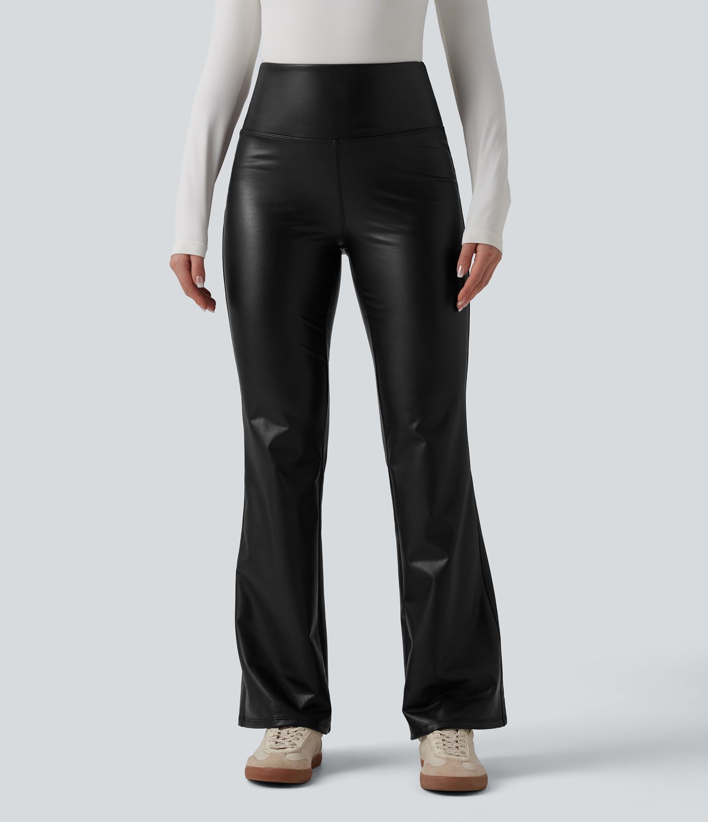 High Waisted Tummy Control Stretchy PU Fleece Flare Casual Pants with Pockets