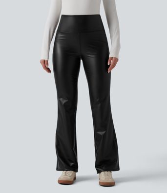 High Waisted Tummy Control Stretchy PU Fleece Flare Casual Pants with Pockets