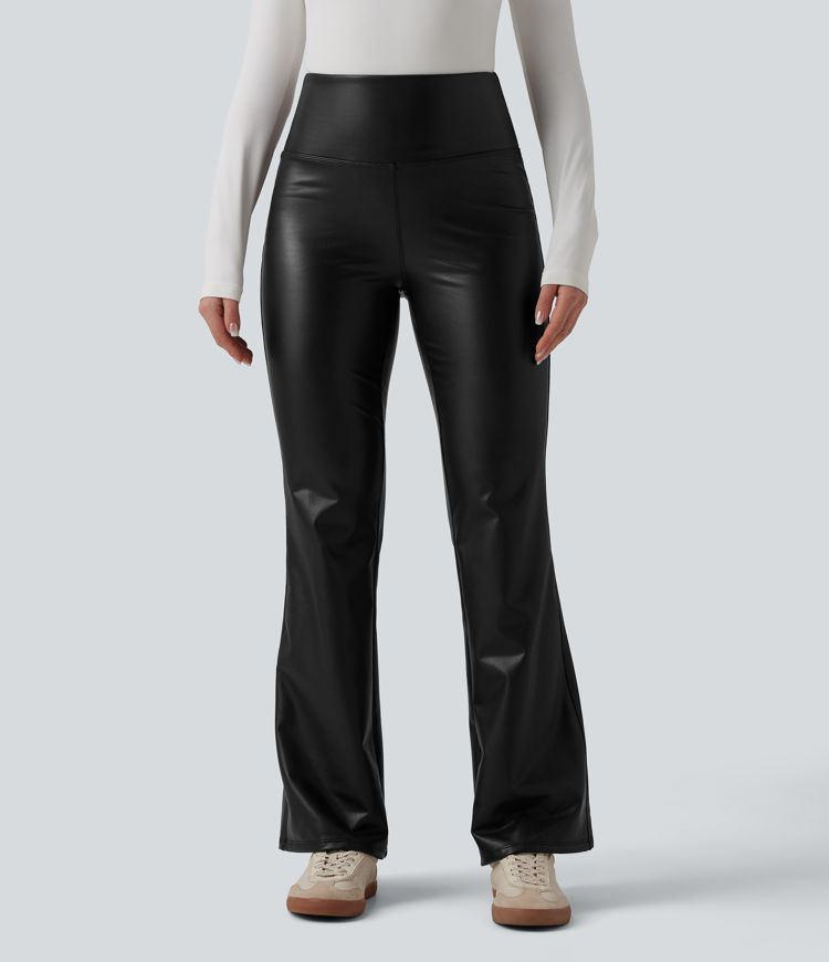 High Waisted Tummy Control Stretchy PU Fleece Flare Casual Pants with Pockets