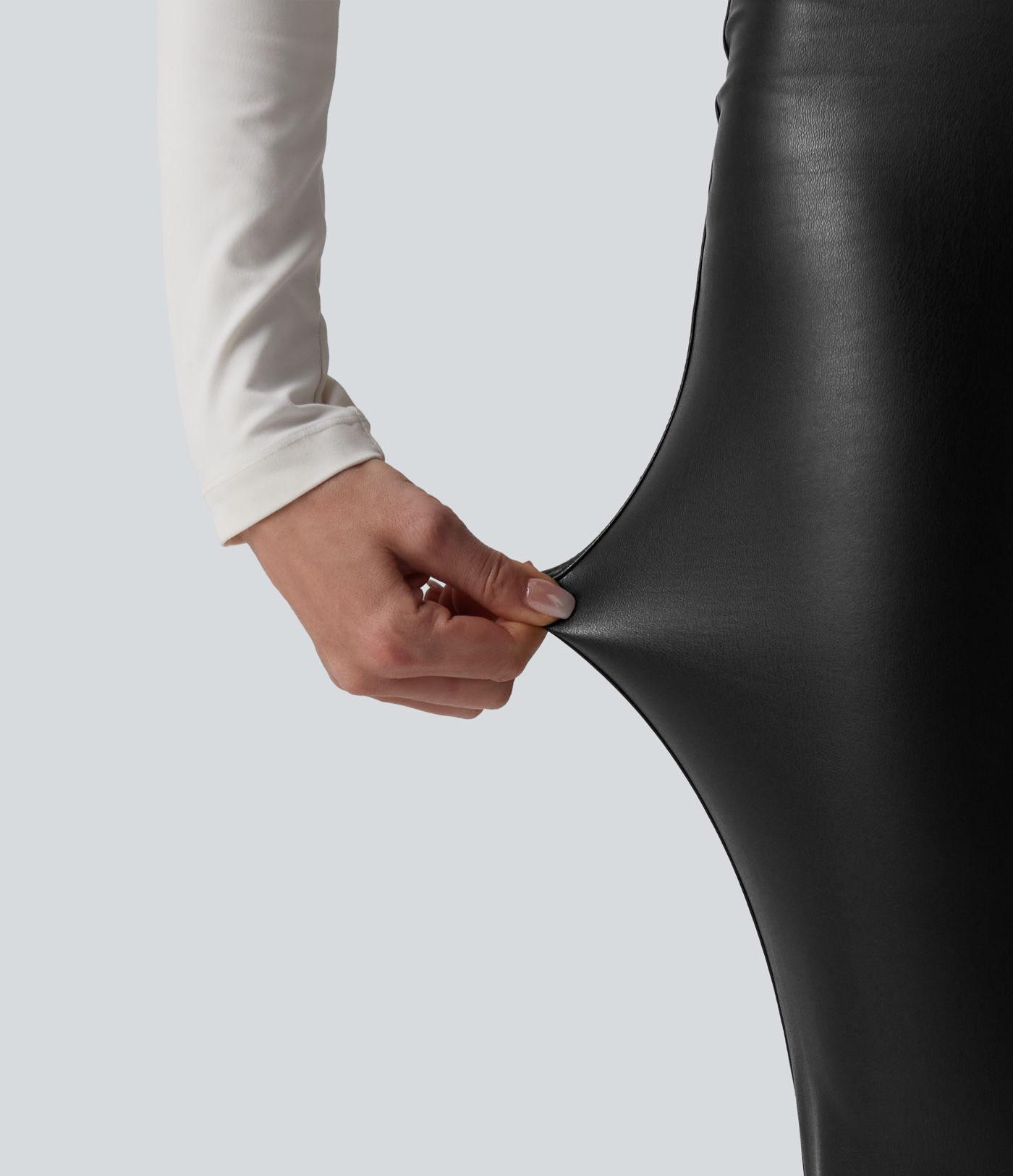 High Waisted Tummy Control Stretchy PU Fleece Flare Casual Pants with Pockets