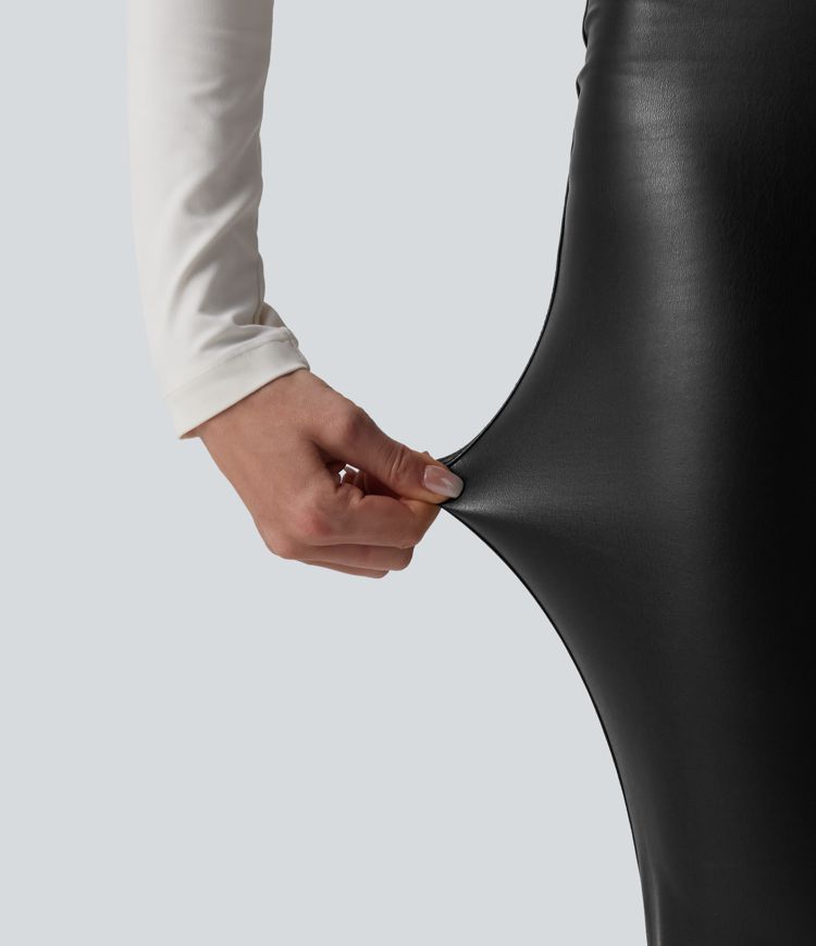 High Waisted Tummy Control Stretchy PU Fleece Flare Casual Pants with Pockets