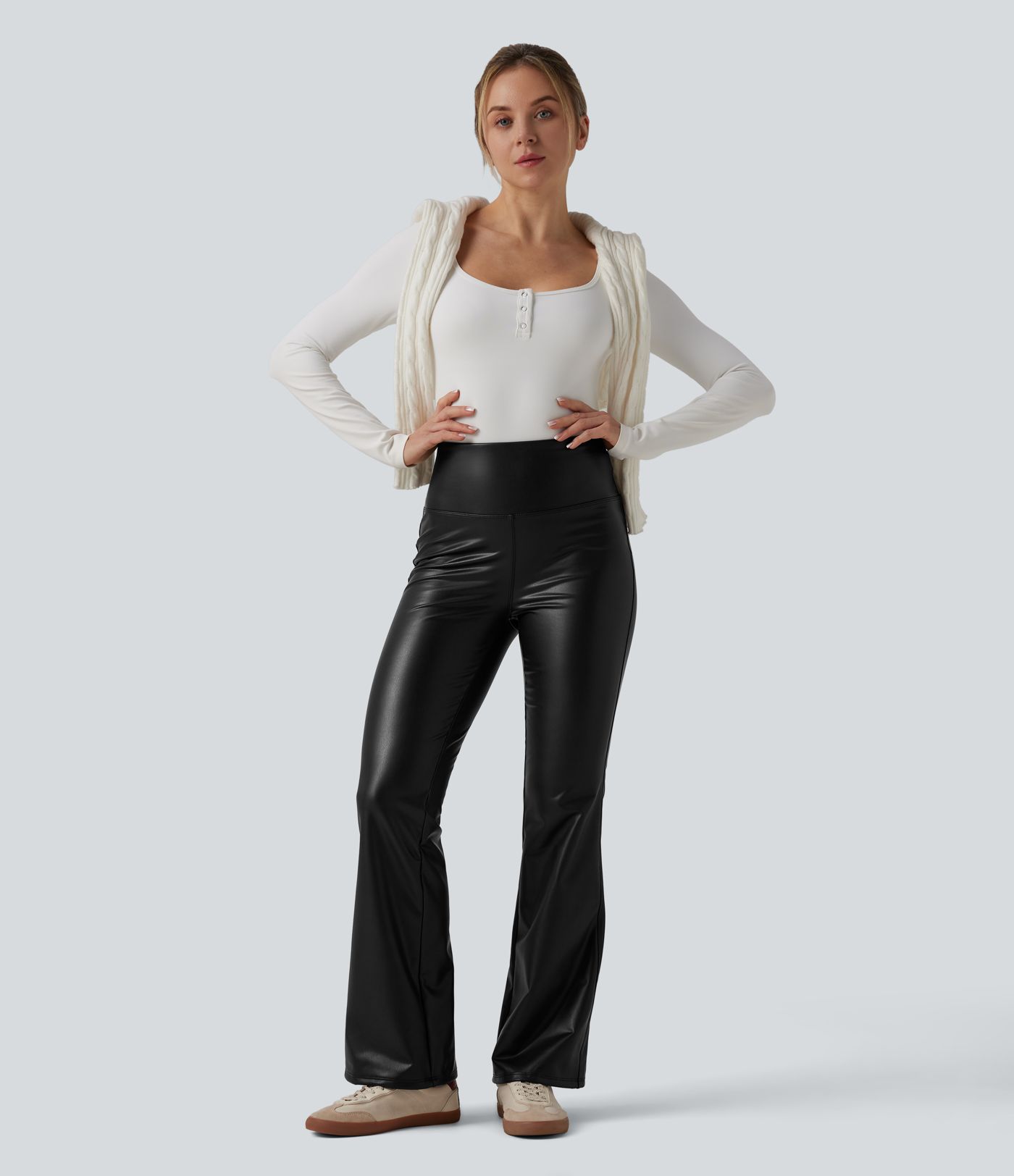 High Waisted Tummy Control Stretchy PU Fleece Flare Casual Pants with Pockets