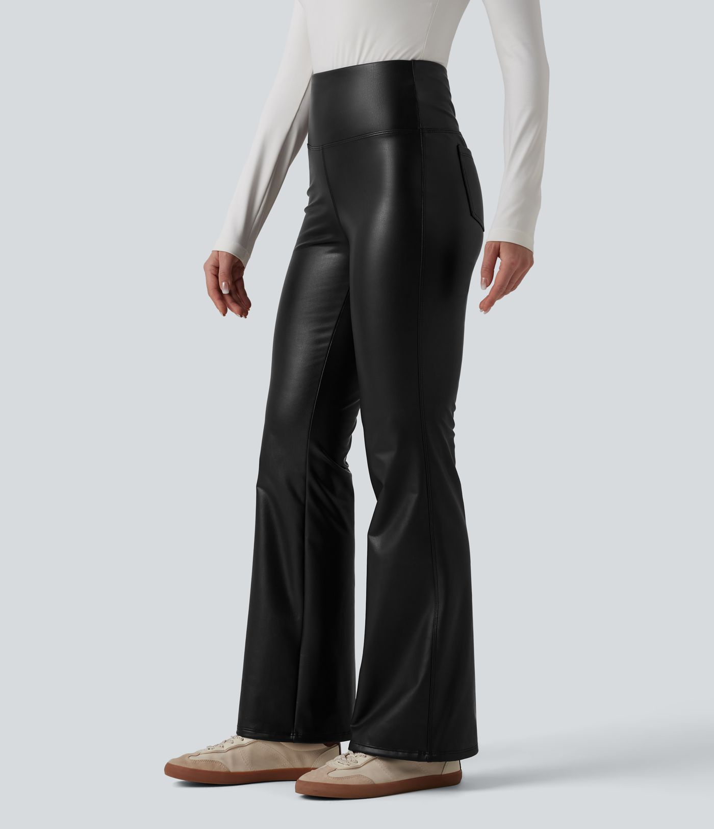 High Waisted Tummy Control Stretchy PU Fleece Flare Casual Pants with Pockets