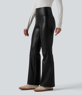 High Waisted Tummy Control Stretchy PU Fleece Flare Casual Pants with Pockets