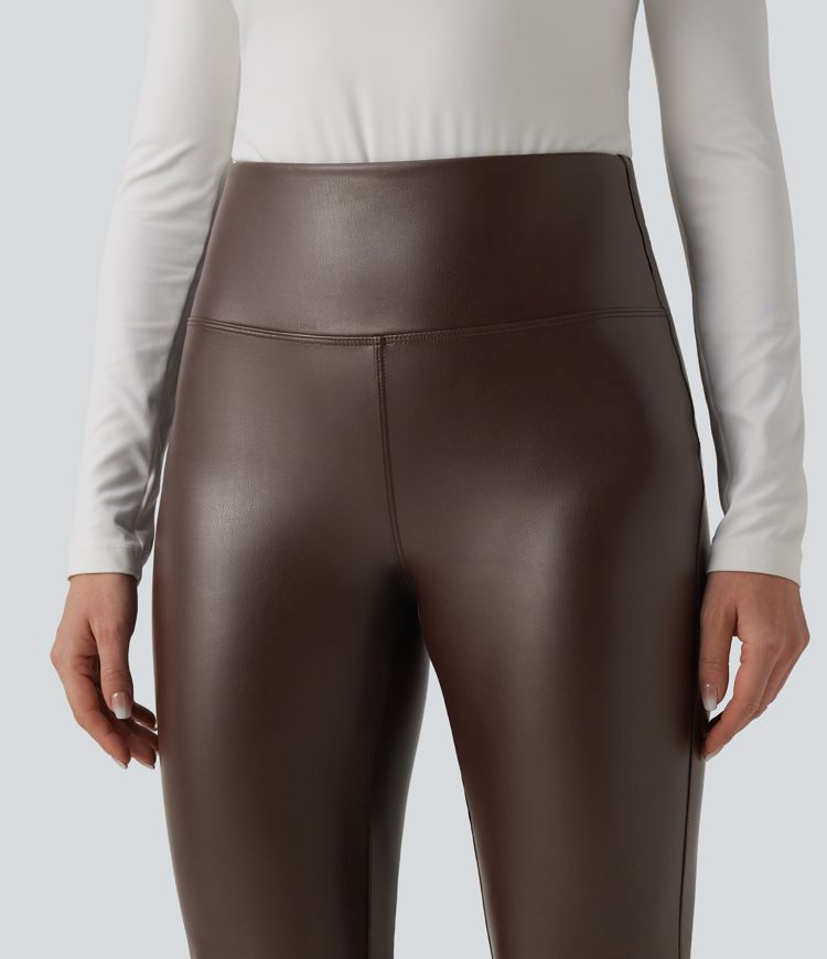 High Waisted Tummy Control Stretchy PU Fleece Flare Casual Trousers with Pockets