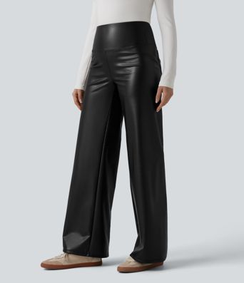 High Waisted Tummy Control Wide Leg Stretchy PU Fleece Casual Pants with Pockets