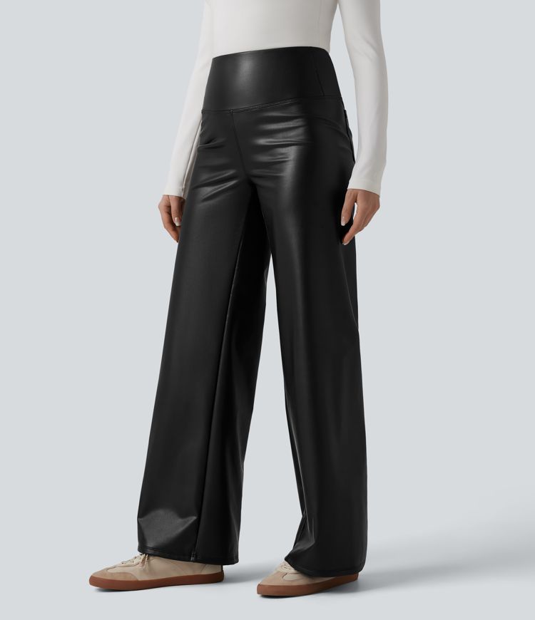 High Waisted Tummy Control Wide Leg Stretchy PU Fleece Casual Pants with Pockets
