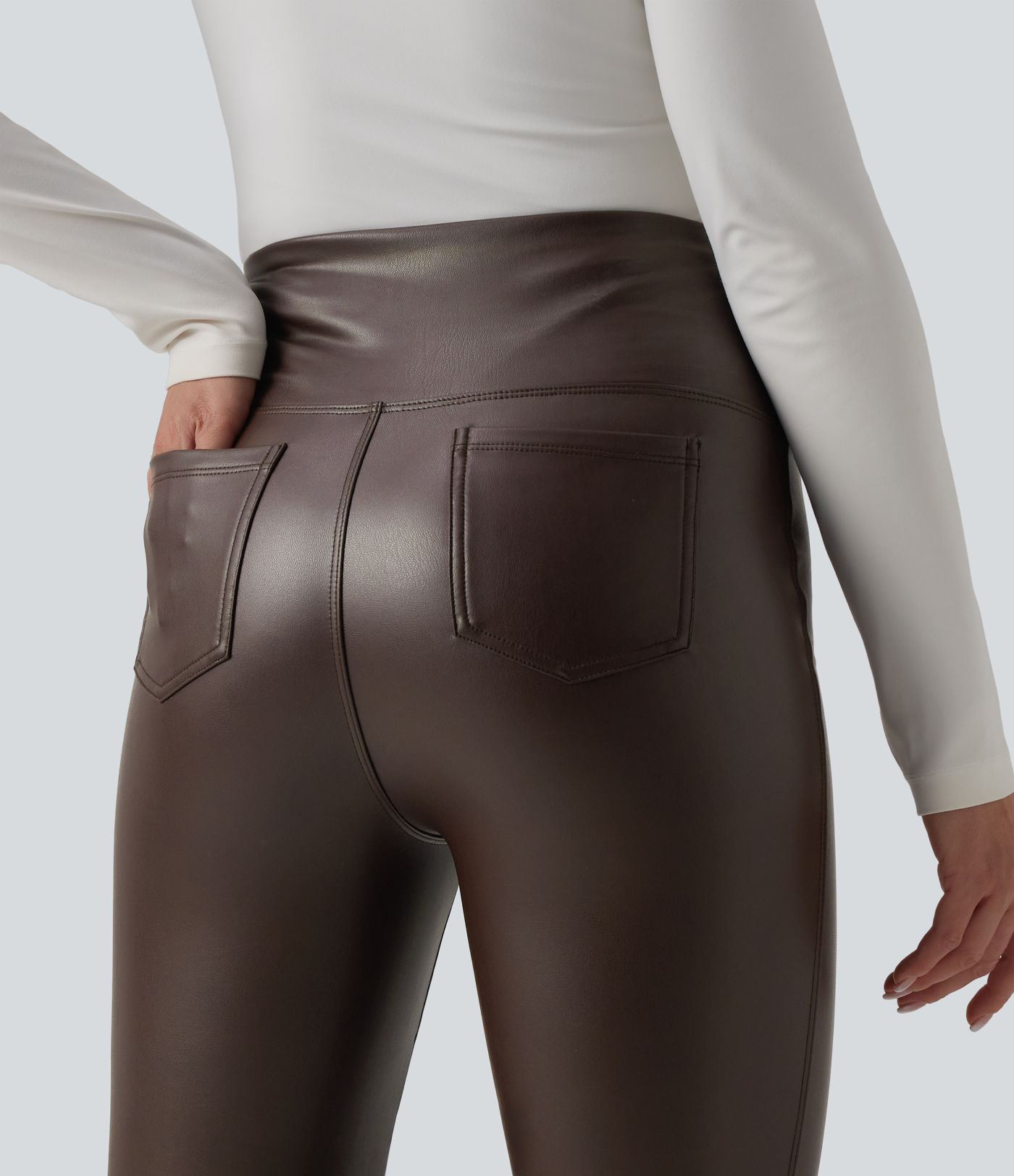 High Waisted Tummy Control Stretchy PU Fleece Flare Casual Trousers with Pockets