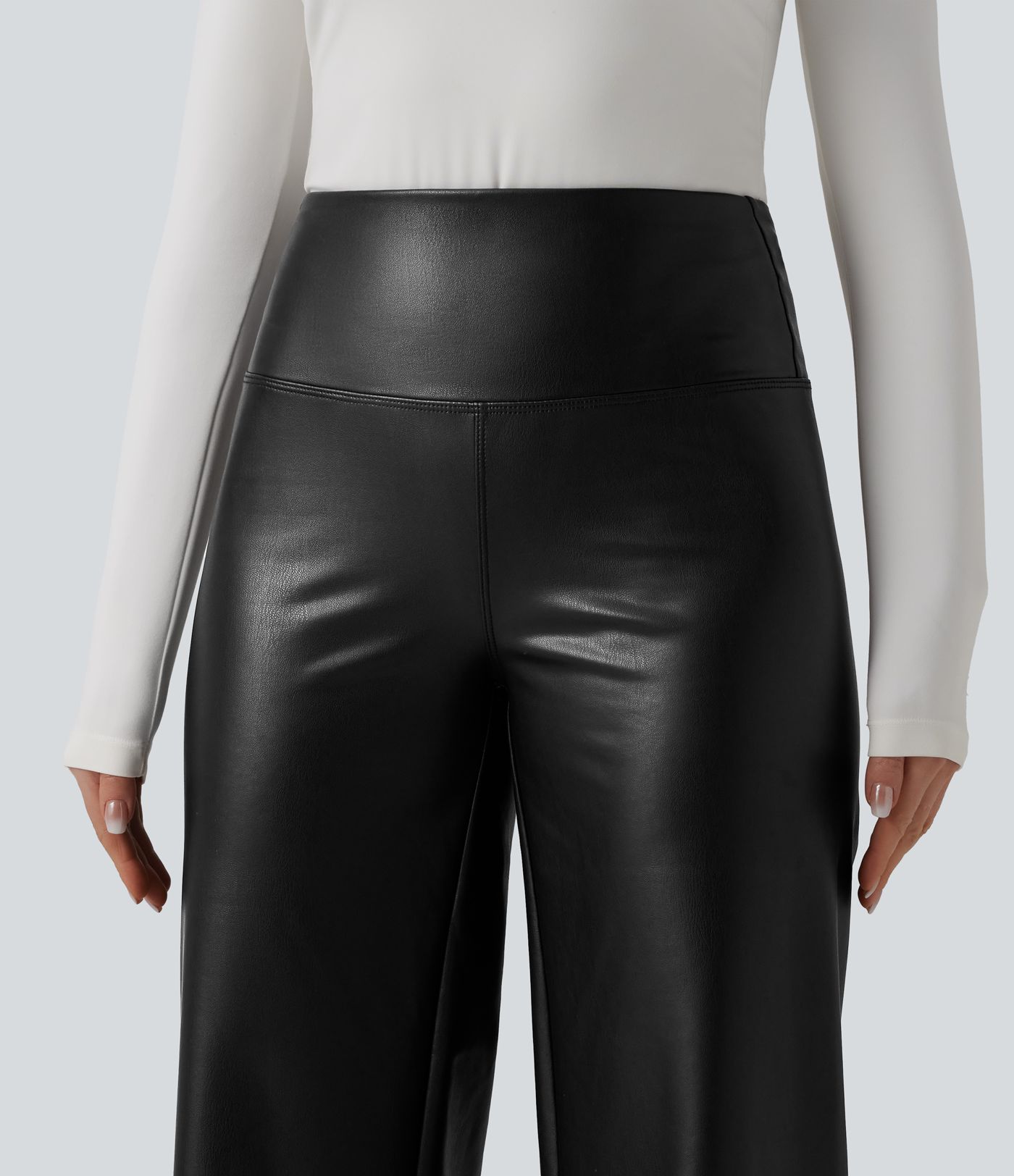 High Waisted Tummy Control Wide Leg Stretchy PU Fleece Casual Pants with Pockets