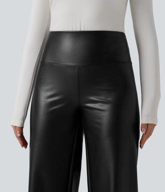 High Waisted Tummy Control Wide Leg Stretchy PU Fleece Casual Pants with Pockets