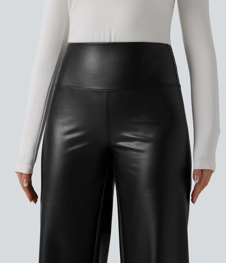 High Waisted Tummy Control Wide Leg Stretchy PU Fleece Casual Pants with Pockets