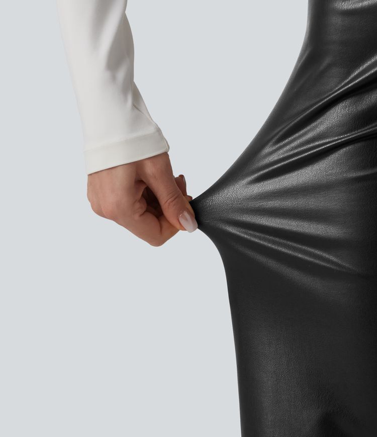 High Waisted Tummy Control Wide Leg Stretchy PU Fleece Casual Pants with Pockets