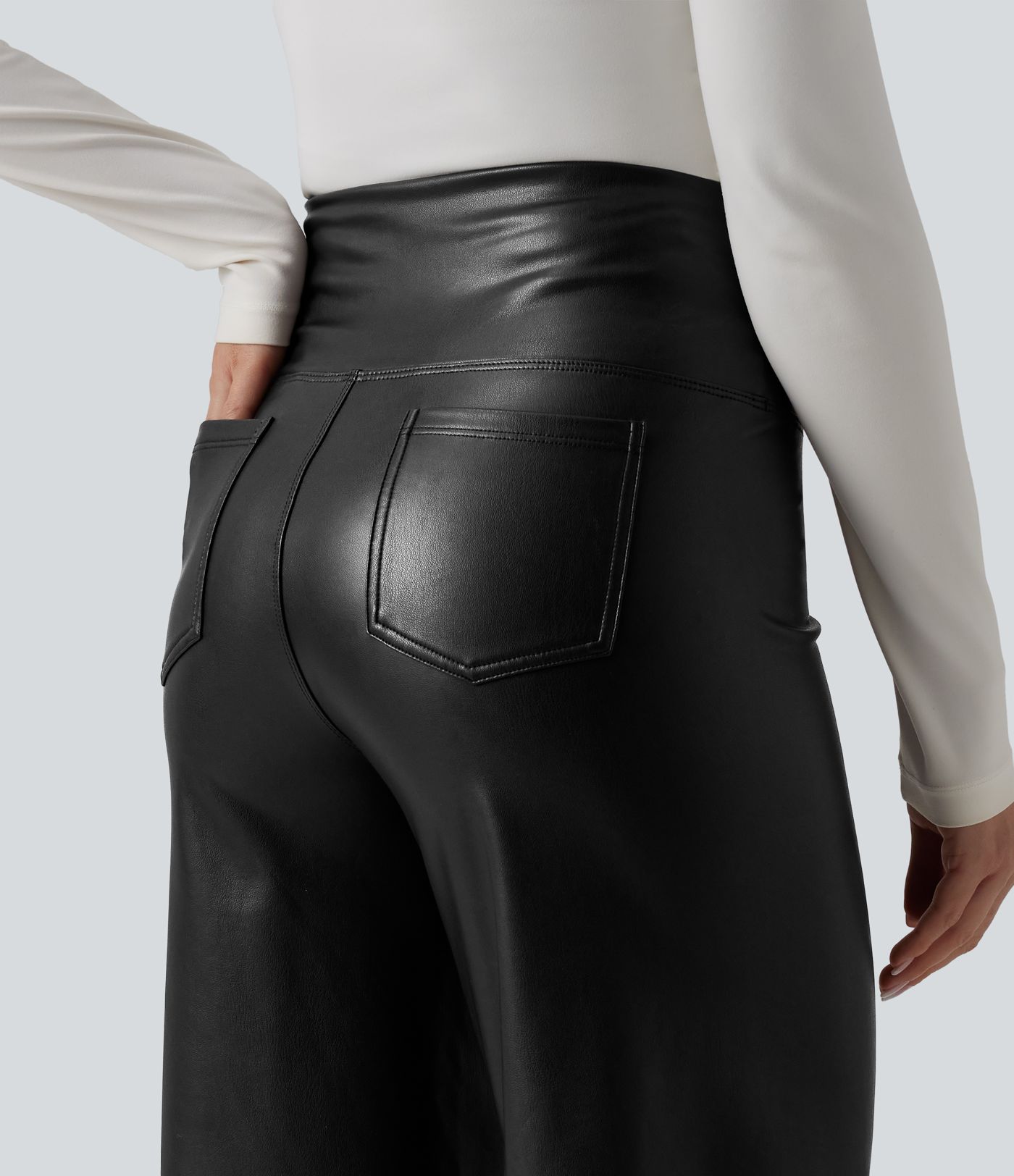 High Waisted Tummy Control Wide Leg Stretchy PU Fleece Casual Pants with Pockets