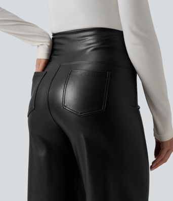 High Waisted Tummy Control Wide Leg Stretchy PU Fleece Casual Pants with Pockets