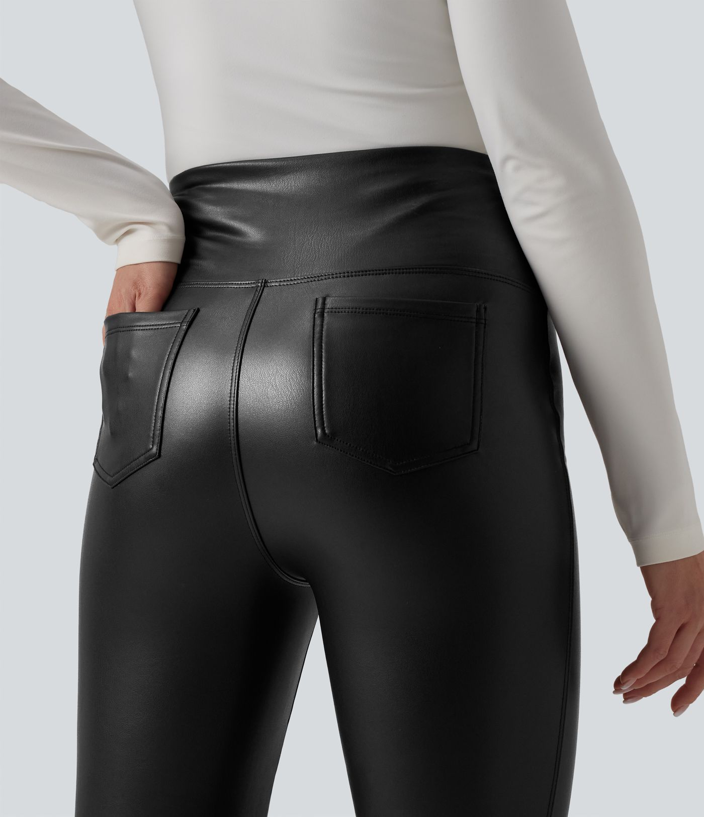 High Waisted Tummy Control Stretchy PU Fleece Flare Casual Pants with Pockets