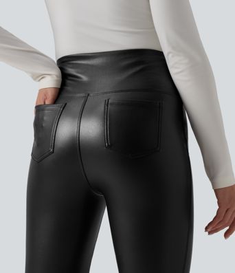 High Waisted Tummy Control Stretchy PU Fleece Flare Casual Pants with Pockets
