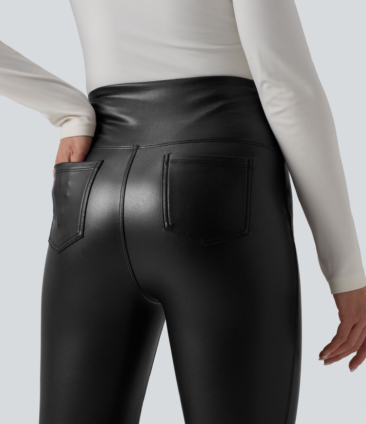 High Waisted Tummy Control Stretchy PU Fleece Flare Casual Pants with Pockets