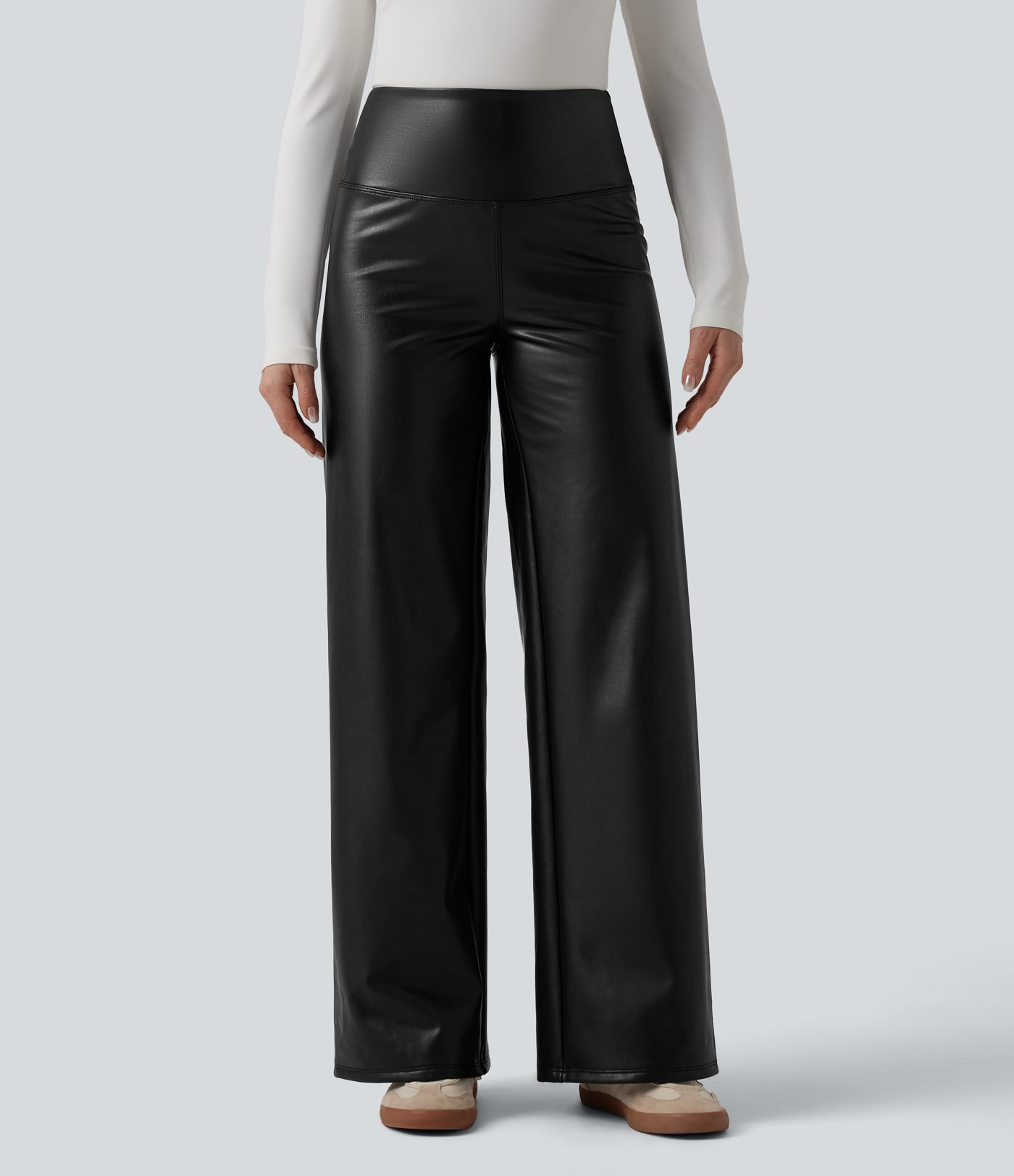 High Waisted Tummy Control Wide Leg Stretchy PU Fleece Casual Pants with Pockets