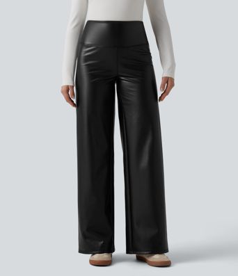 High Waisted Tummy Control Wide Leg Stretchy PU Fleece Casual Pants with Pockets
