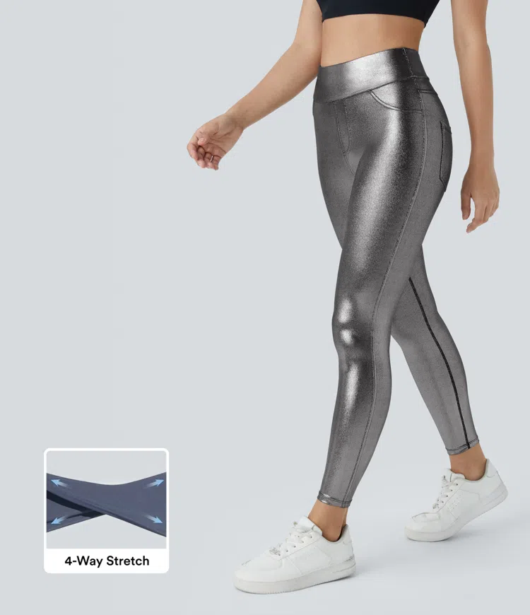 Shiny Black Silver SoftlyZero™ leggings de trabajo en piel sintética de talle alto con bolsillos / 1