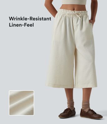 Wrinkle-Resistant Mid Rise Drawstring Frill Trim Linen-Feel Casual Capri Baggy Pants with Pockets