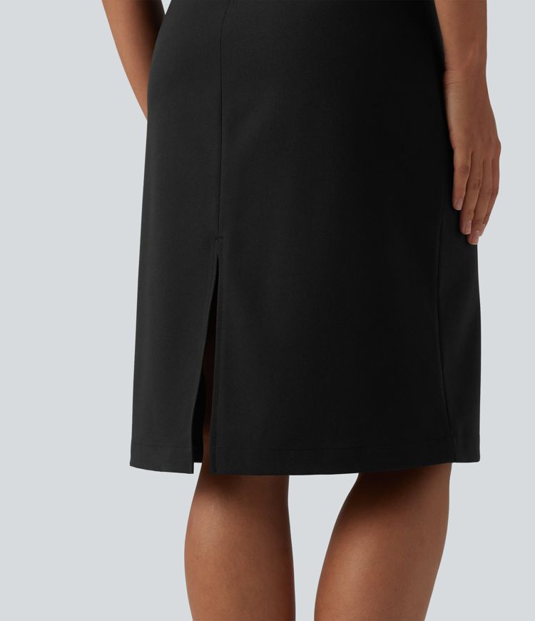 Robe mi-longue de travail col bateau manches courtes mélange lin