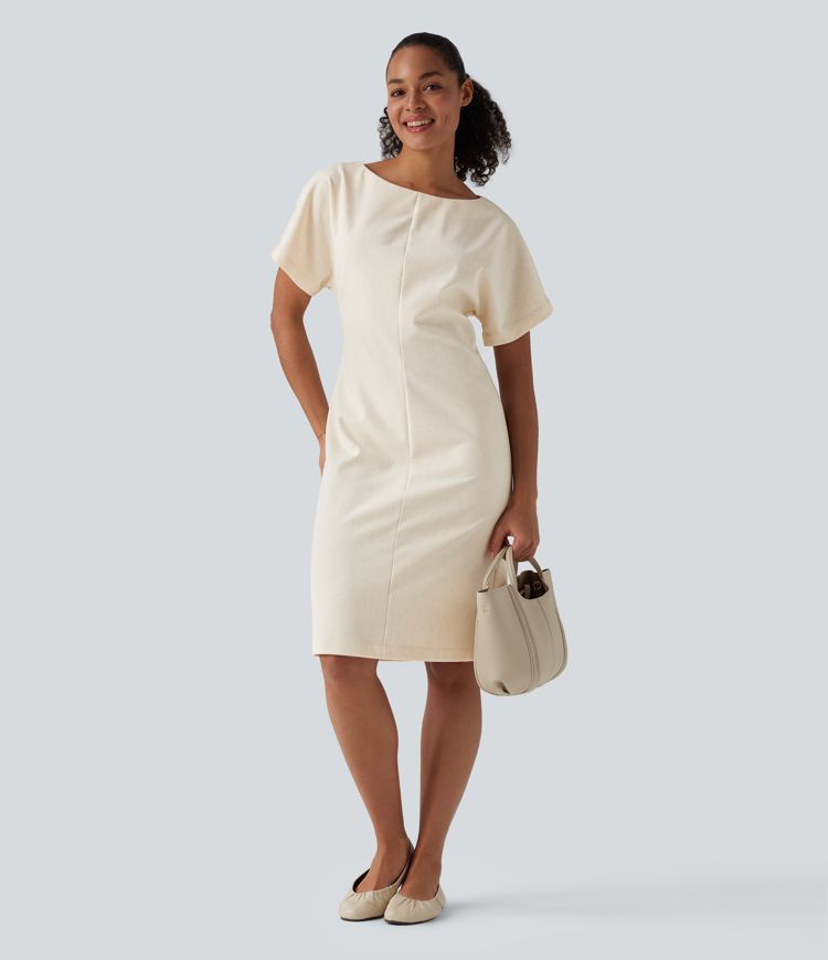 Boat Neck Short Sleeve Midi Work Linen-Blend Dress