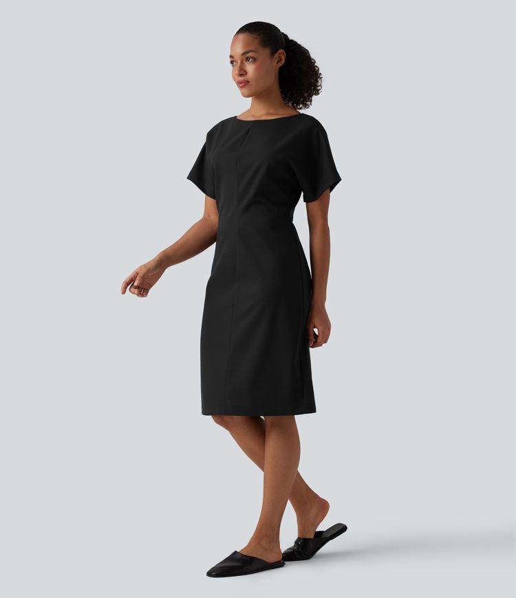 Robe mi-longue de travail col bateau manches courtes mélange lin