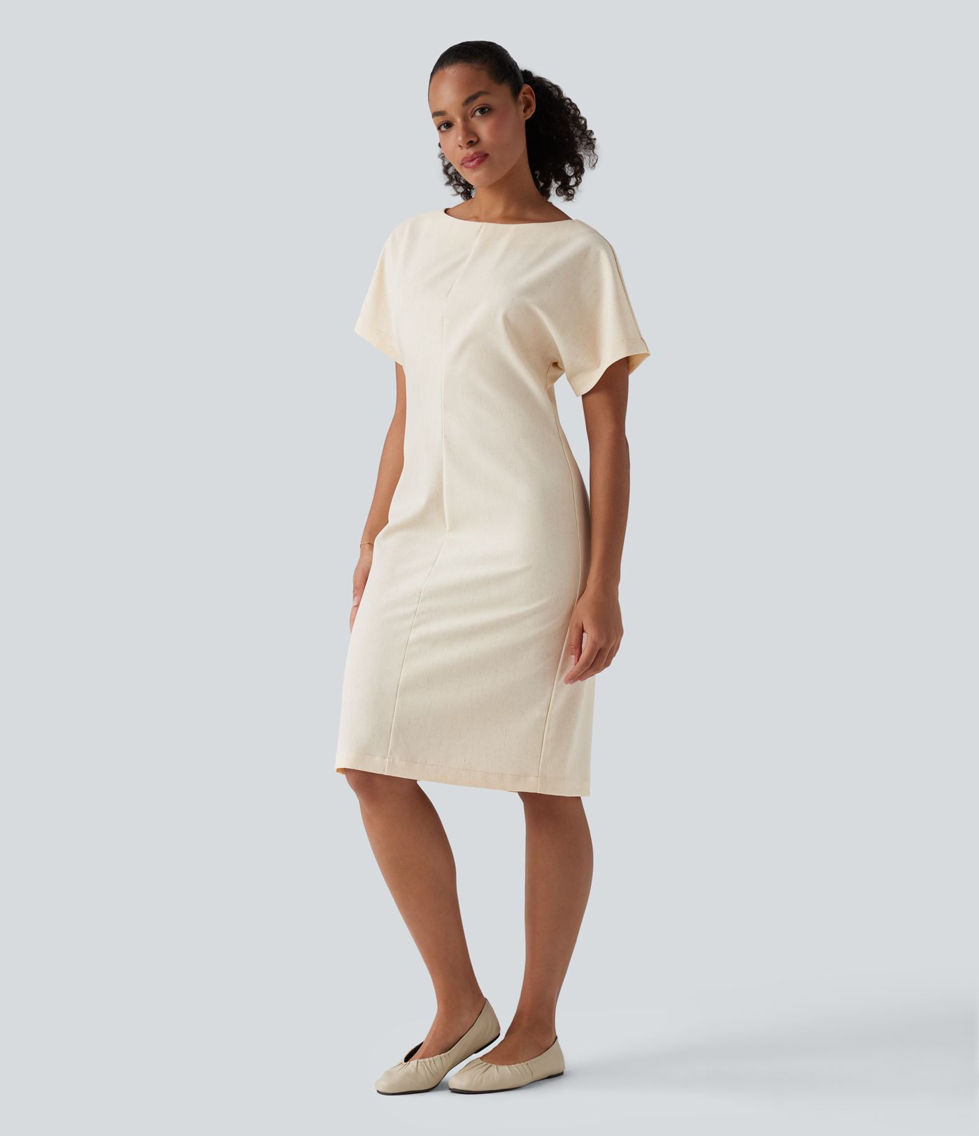 Boat Neck Short Sleeve Midi Work Linen-Blend Dress