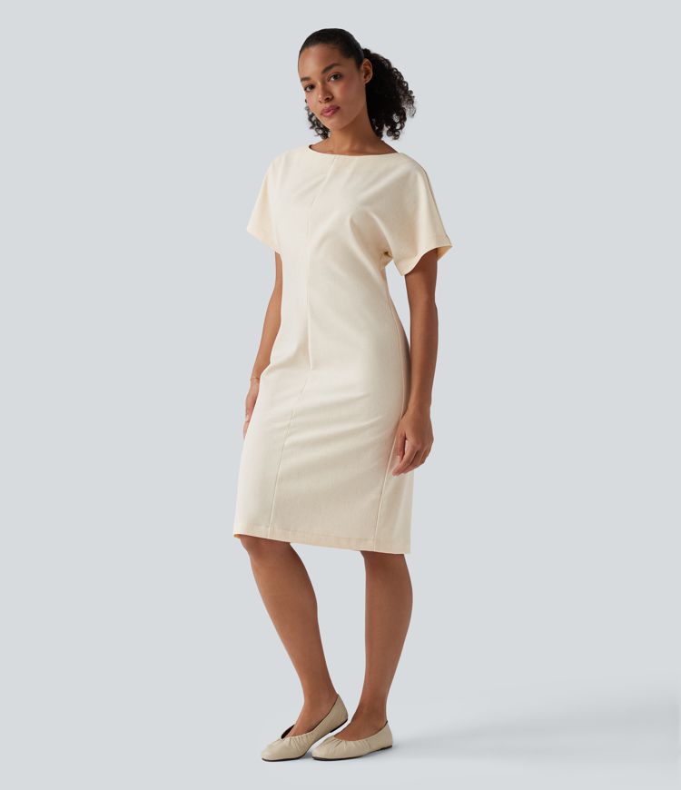 Boat Neck Short Sleeve Midi Work Linen-Blend Dress